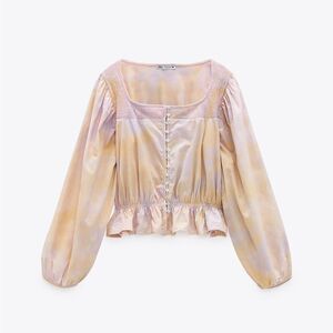 ZARA NWT Tie-Dye Balloon Sleeve Button Down Top L